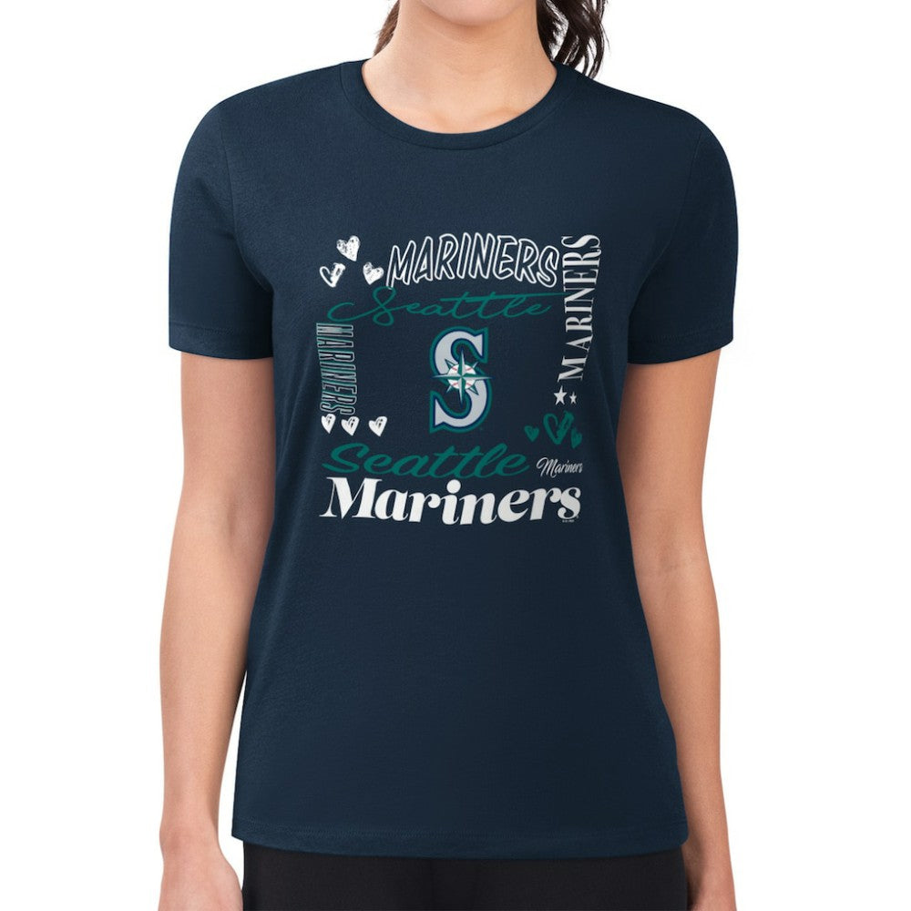 Navy Seattle Mariners G-III 4Her by Carl Banks Women's Super-Slim Fit Lightweight Collage Team Graphic Crew Neck T-Shirt