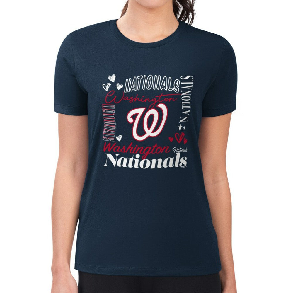 Navy Washington Nationals G-III 4Her by Carl Banks Women's Super-Slim Fit Lightweight Collage Team Graphic Crew Neck T-Shirt