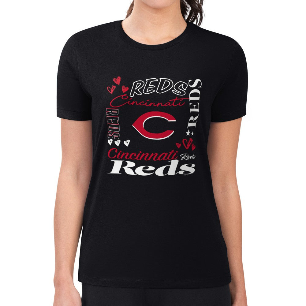 Black Cincinnati Reds G-III 4Her by Carl Banks Women's Super-Slim Fit Lightweight Collage Team Graphic Crew Neck T-Shirt