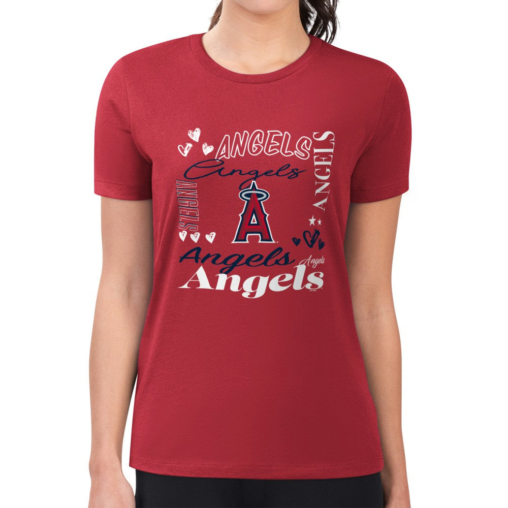 Red Los Angeles Angels G-III 4Her by Carl Banks Women's Super-Slim Fit Lightweight Collage Team Graphic Crew Neck T-Shirt
