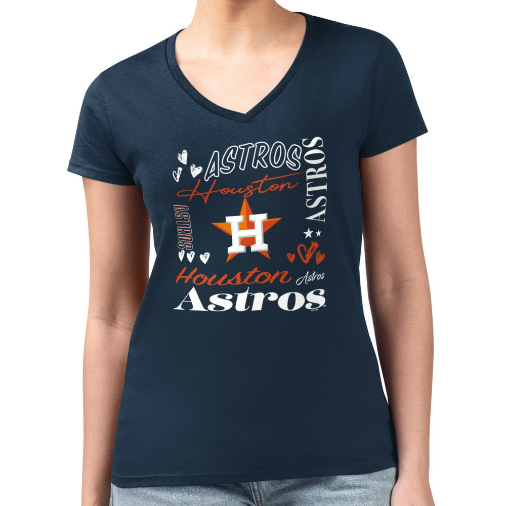 Navy Houston Astros G-III 4Her by Carl Banks Women's Super-Slim Fit Lightweight Collage Team Graphic V-Neck T-Shirt