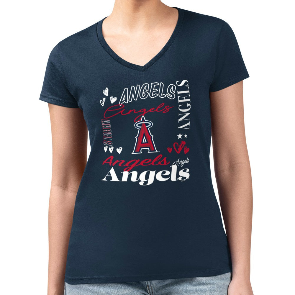 Navy Los Angeles Angels G-III 4Her by Carl Banks Women's Super-Slim Fit Lightweight Collage Team Graphic V-Neck T-Shirt
