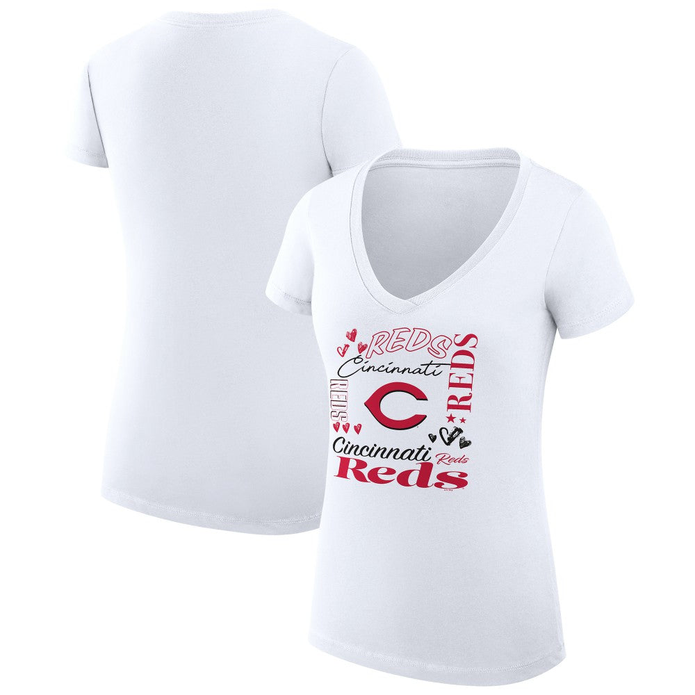 White Cincinnati Reds G-III 4Her by Carl Banks Women's Super-Slim Fit Lightweight Collage Team Graphic V-Neck T-Shirt