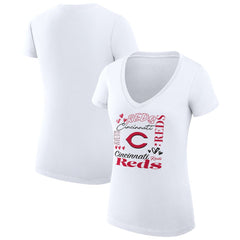 White Cincinnati Reds G-III 4Her by Carl Banks Women's Super-Slim Fit Lightweight Collage Team Graphic V-Neck T-Shirt