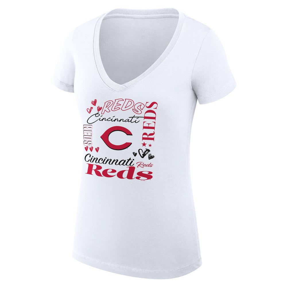 White Cincinnati Reds G-III 4Her by Carl Banks Women's Super-Slim Fit Lightweight Collage Team Graphic V-Neck T-Shirt