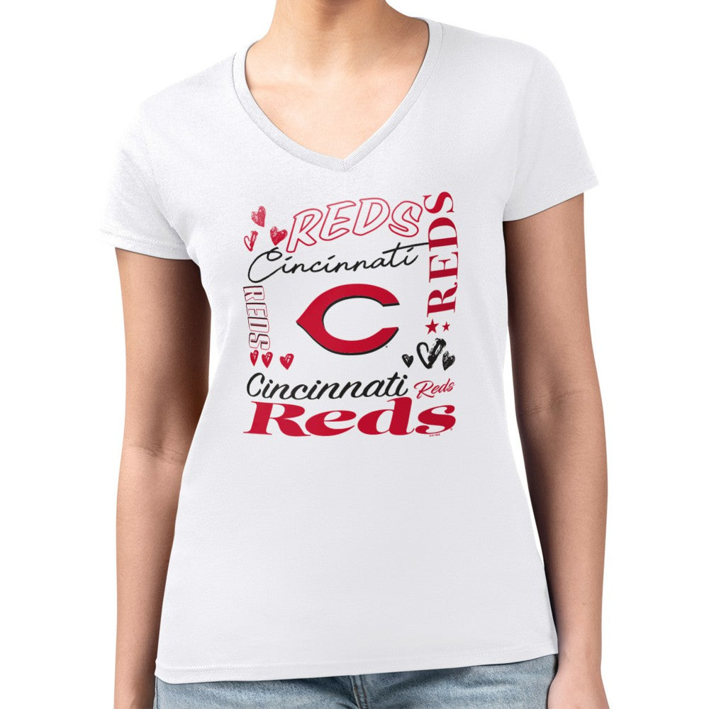 White Cincinnati Reds G-III 4Her by Carl Banks Women's Super-Slim Fit Lightweight Collage Team Graphic V-Neck T-Shirt