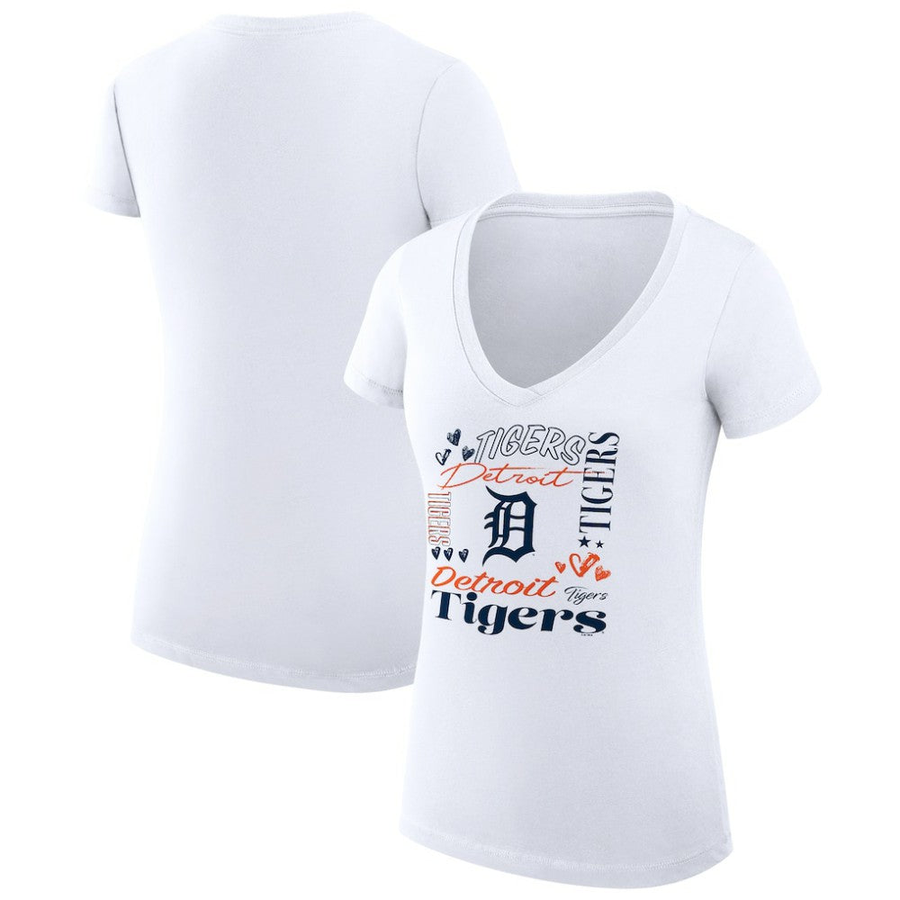 White Detroit Tigers G-III 4Her by Carl Banks Women's Super-Slim Fit Lightweight Collage Team Graphic V-Neck T-Shirt