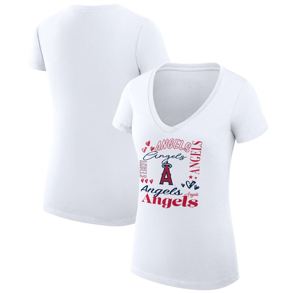 White Los Angeles Angels G-III 4Her by Carl Banks Women's Super-Slim Fit Lightweight Collage Team Graphic V-Neck T-Shirt