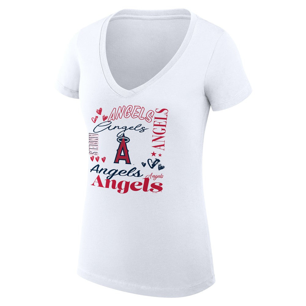 White Los Angeles Angels G-III 4Her by Carl Banks Women's Super-Slim Fit Lightweight Collage Team Graphic V-Neck T-Shirt