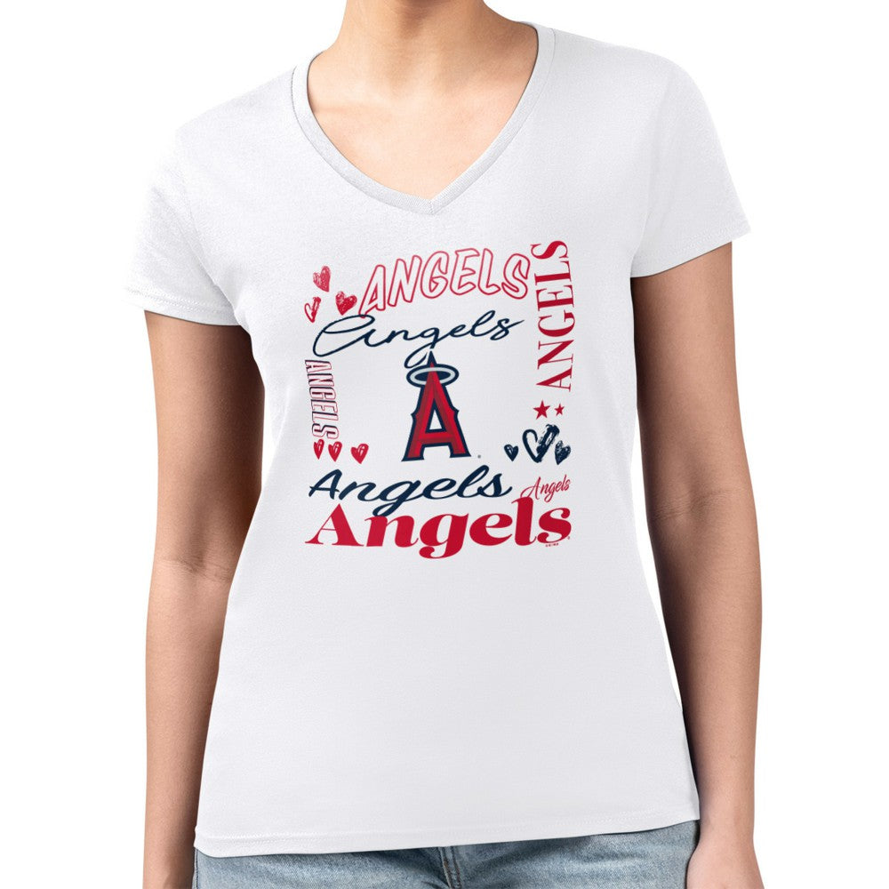 White Los Angeles Angels G-III 4Her by Carl Banks Women's Super-Slim Fit Lightweight Collage Team Graphic V-Neck T-Shirt