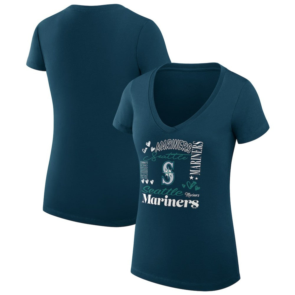 Navy Seattle Mariners G-III 4Her by Carl Banks Women's Super-Slim Fit Lightweight Collage Team Graphic V-Neck T-Shirt