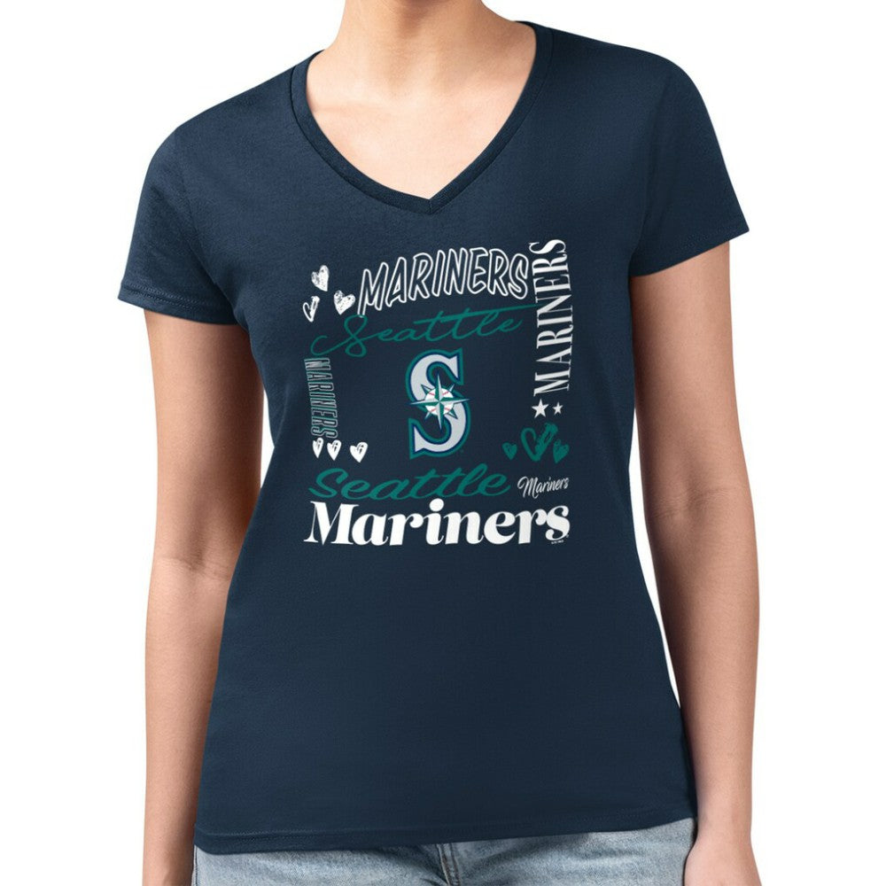 Navy Seattle Mariners G-III 4Her by Carl Banks Women's Super-Slim Fit Lightweight Collage Team Graphic V-Neck T-Shirt