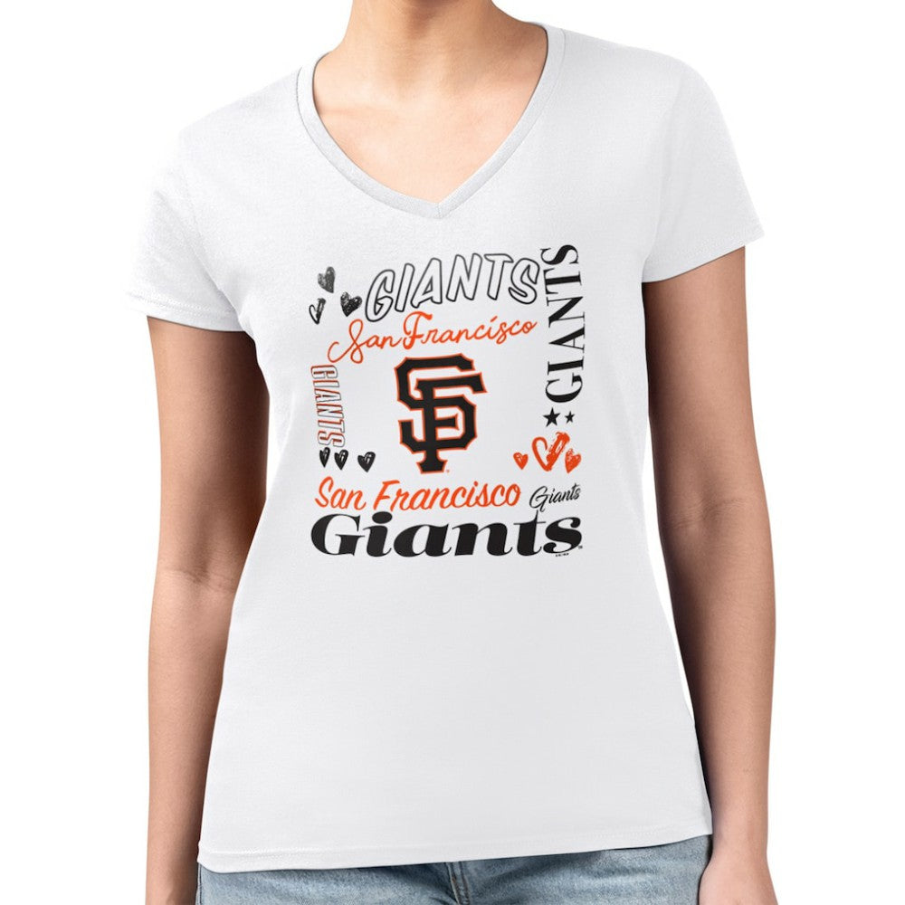 White San Francisco Giants G-III 4Her by Carl Banks Women's Super-Slim Fit Lightweight Collage Team Graphic V-Neck T-Shirt
