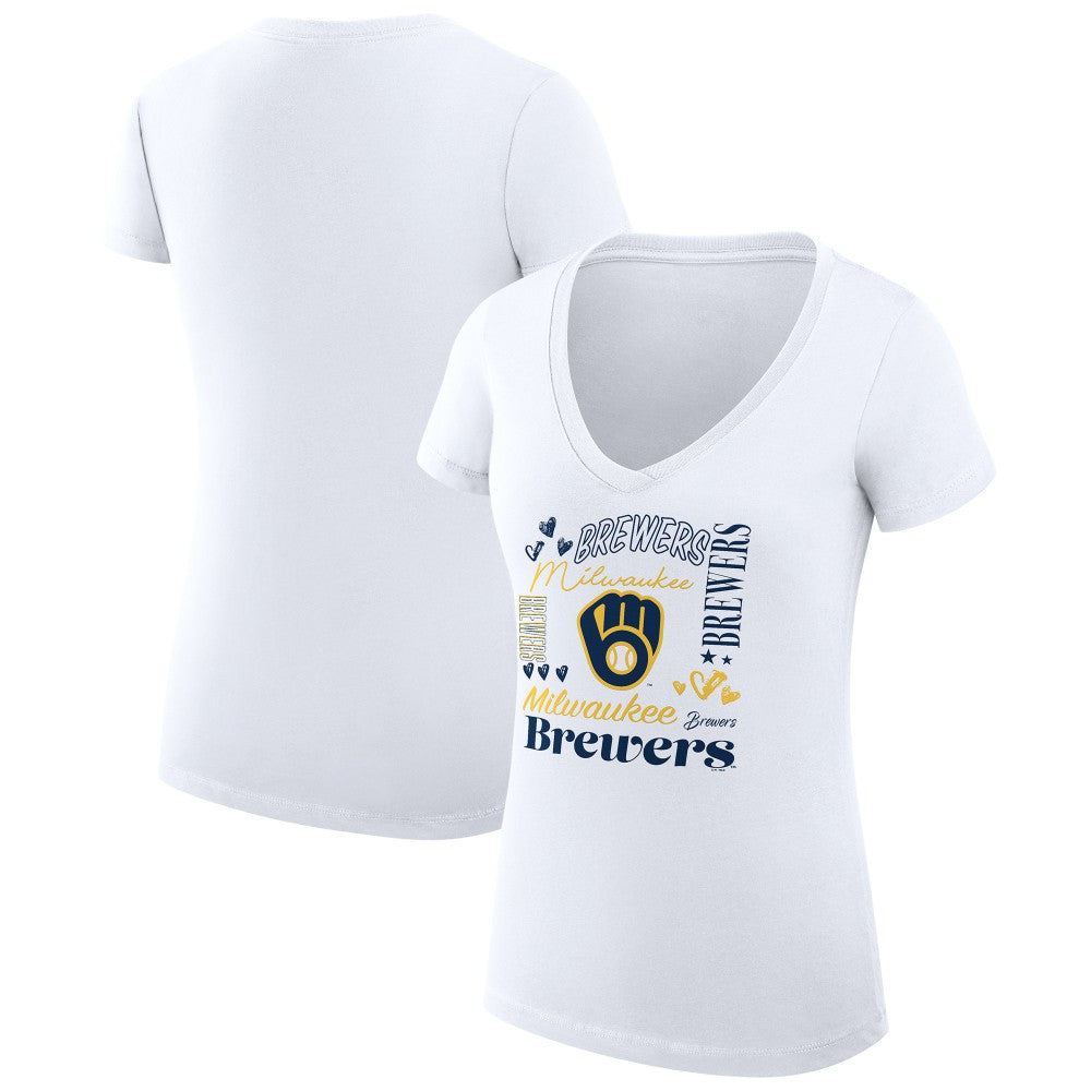 White Milwaukee Brewers G-III 4Her by Carl Banks Women's Super-Slim Fit Lightweight Collage Team Graphic V-Neck T-Shirt