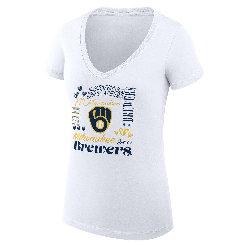 White Milwaukee Brewers G-III 4Her by Carl Banks Women's Super-Slim Fit Lightweight Collage Team Graphic V-Neck T-Shirt