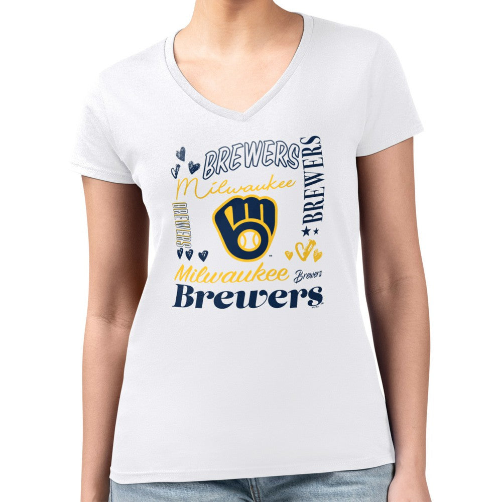 White Milwaukee Brewers G-III 4Her by Carl Banks Women's Super-Slim Fit Lightweight Collage Team Graphic V-Neck T-Shirt