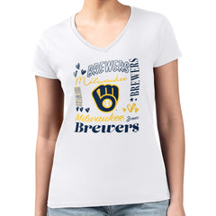 White Milwaukee Brewers G-III 4Her by Carl Banks Women's Super-Slim Fit Lightweight Collage Team Graphic V-Neck T-Shirt