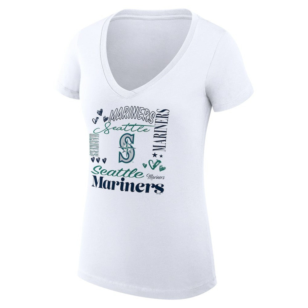 White Seattle Mariners G-III 4Her by Carl Banks Women's Super-Slim Fit Lightweight Collage Team Graphic V-Neck T-Shirt