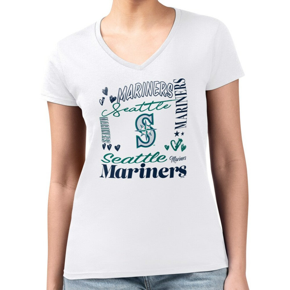White Seattle Mariners G-III 4Her by Carl Banks Women's Super-Slim Fit Lightweight Collage Team Graphic V-Neck T-Shirt