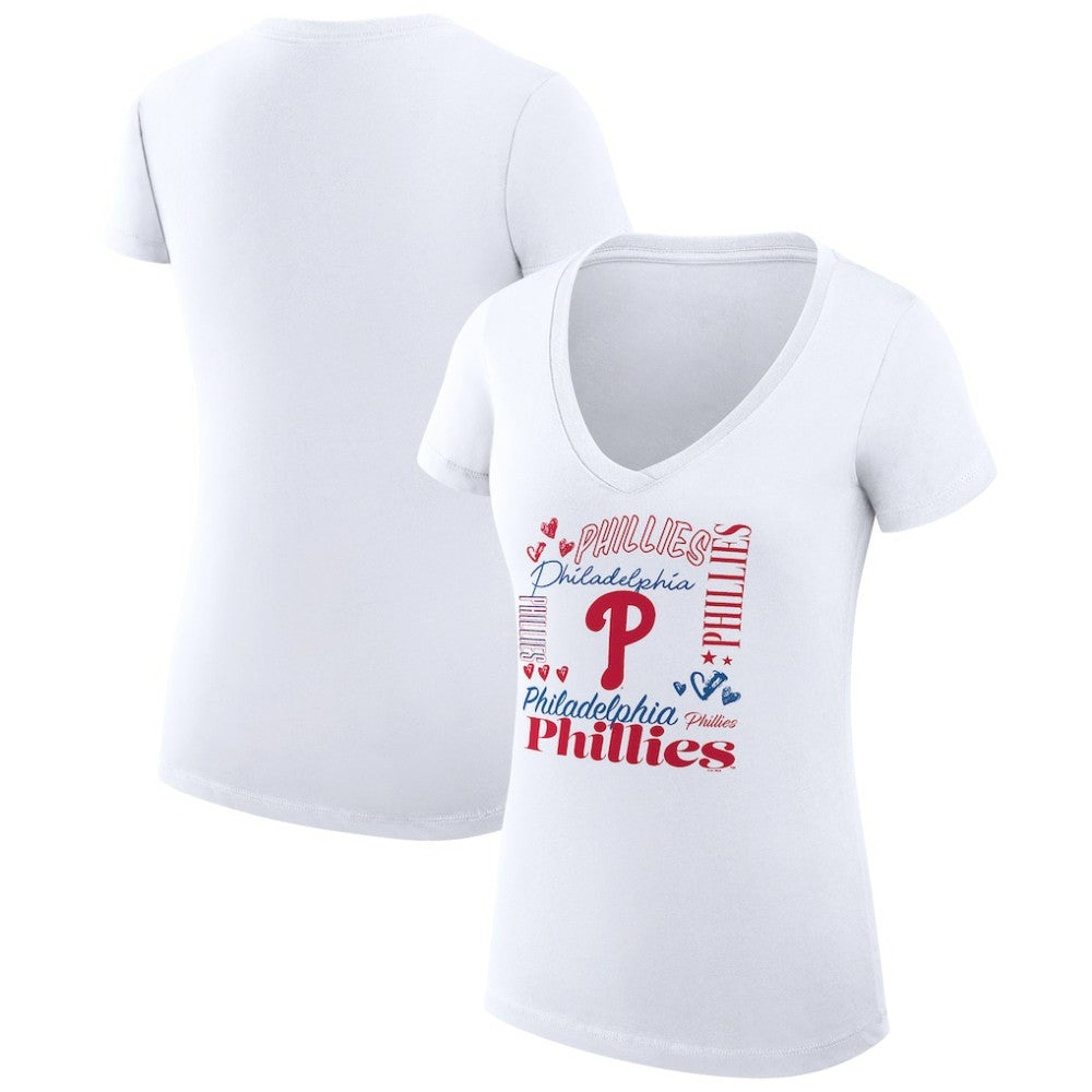 White Philadelphia Phillies G-III 4Her by Carl Banks Women's Super-Slim Fit Lightweight Collage Team Graphic V-Neck T-Shirt