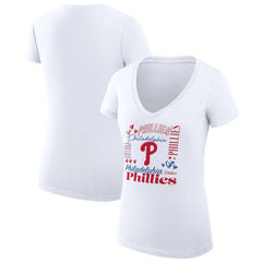 White Philadelphia Phillies G-III 4Her by Carl Banks Women's Super-Slim Fit Lightweight Collage Team Graphic V-Neck T-Shirt