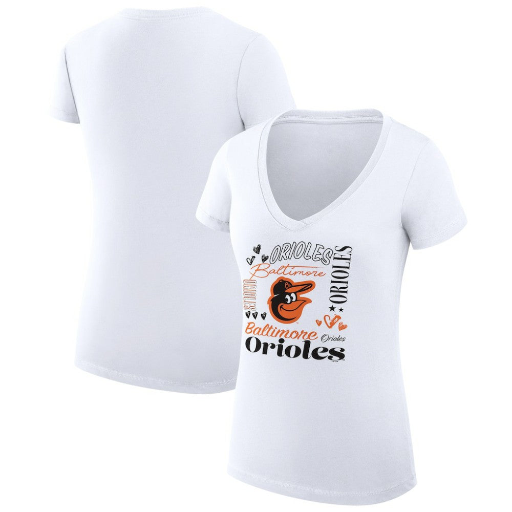 White Baltimore Orioles G-III 4Her by Carl Banks Women's Super-Slim Fit Lightweight Collage Team Graphic V-Neck T-Shirt