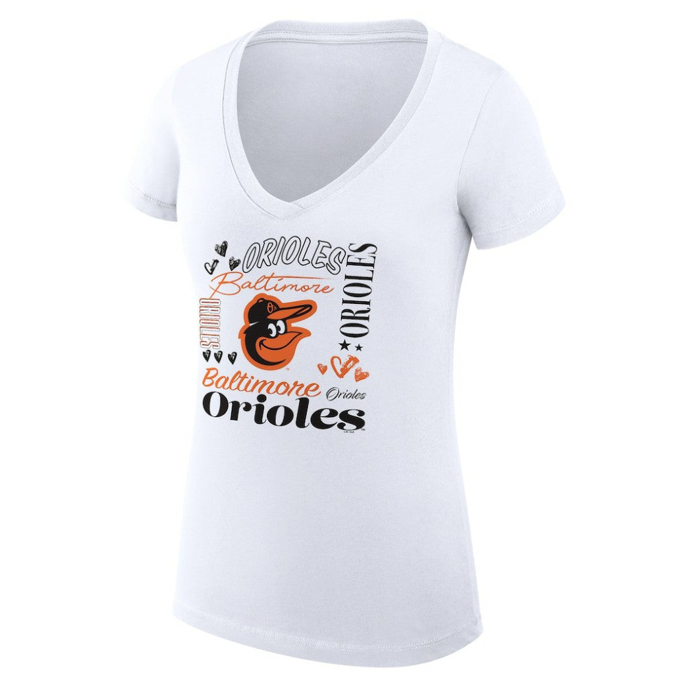 White Baltimore Orioles G-III 4Her by Carl Banks Women's Super-Slim Fit Lightweight Collage Team Graphic V-Neck T-Shirt