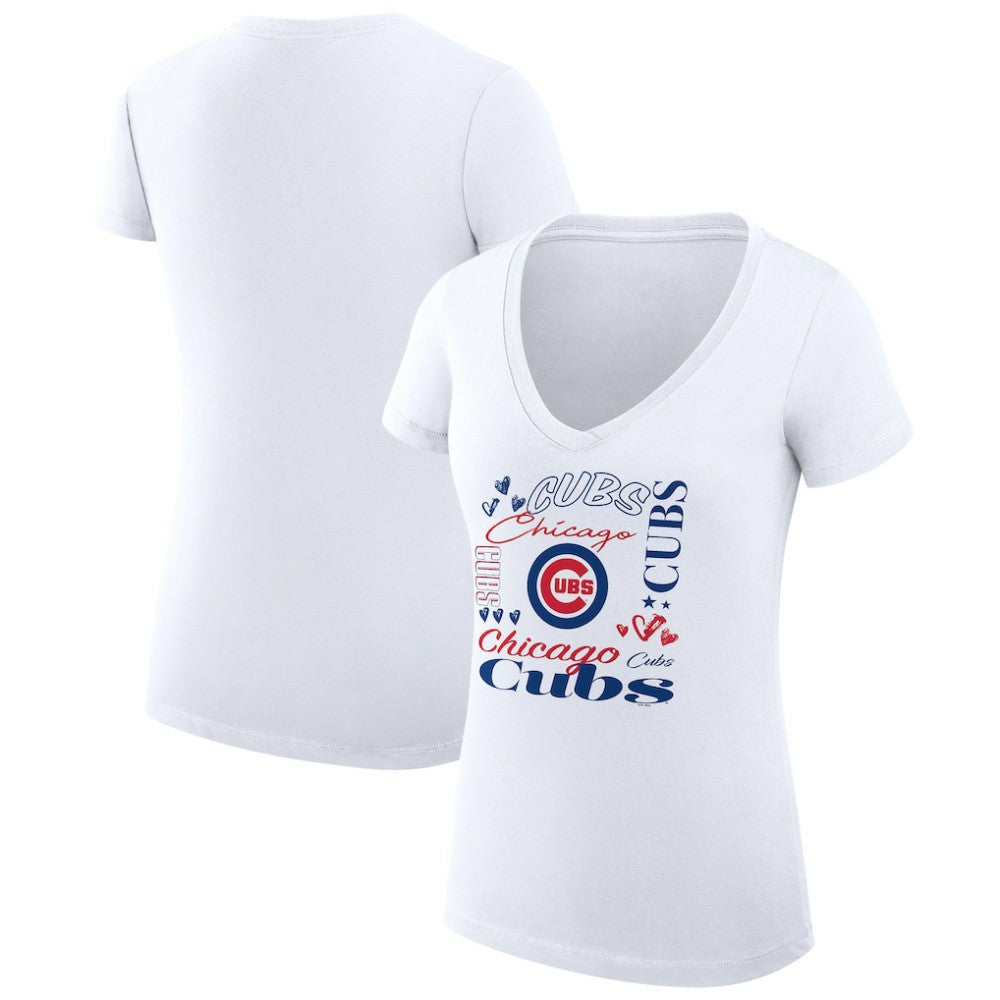 White Chicago Cubs G-III 4Her by Carl Banks Women's Super-Slim Fit Lightweight Collage Team Graphic V-Neck T-Shirt