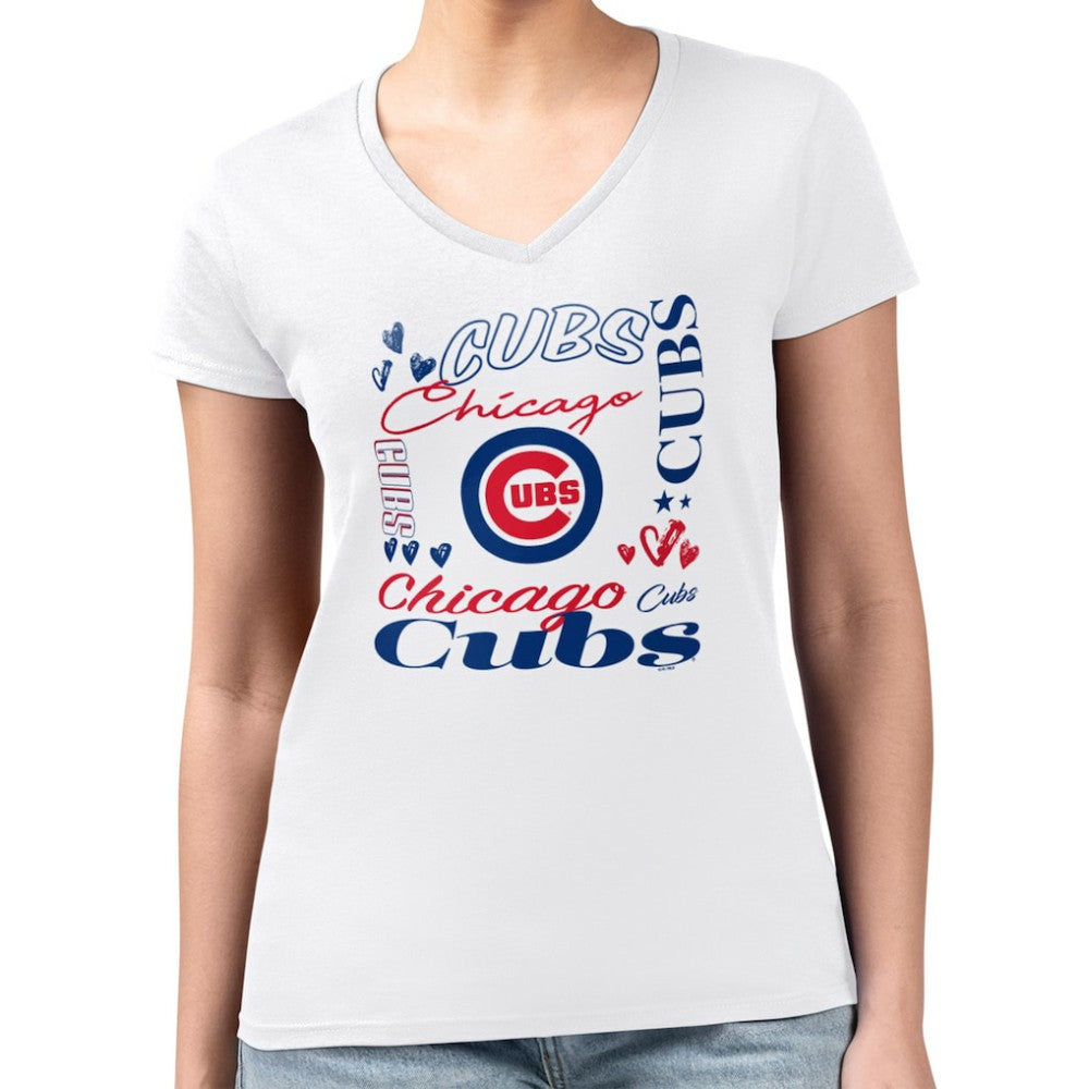 White Chicago Cubs G-III 4Her by Carl Banks Women's Super-Slim Fit Lightweight Collage Team Graphic V-Neck T-Shirt
