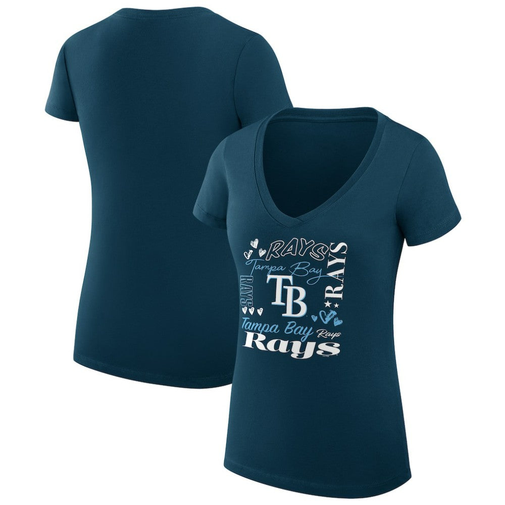 Navy Tampa Bay Rays G-III 4Her by Carl Banks Women's Super-Slim Fit Lightweight Collage Team Graphic V-Neck T-Shirt
