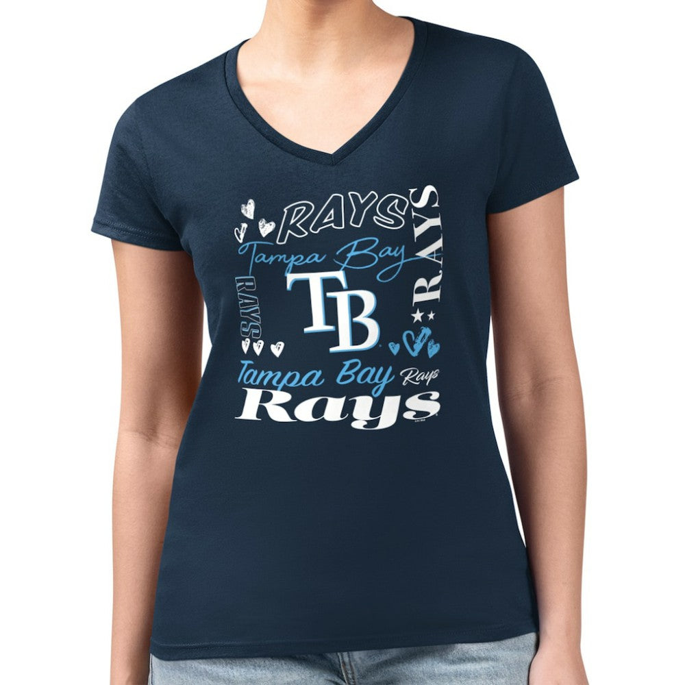 Navy Tampa Bay Rays G-III 4Her by Carl Banks Women's Super-Slim Fit Lightweight Collage Team Graphic V-Neck T-Shirt