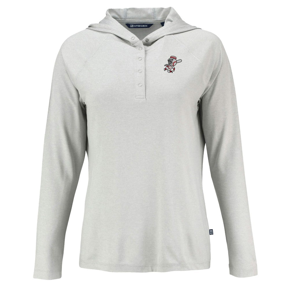 Gray Cincinnati Reds Cutter & Buck Women's Cooperstown Collection Coastline Epic Comfort Eco Recycled Hoodie Raglan Long Sleeve T-Shirt