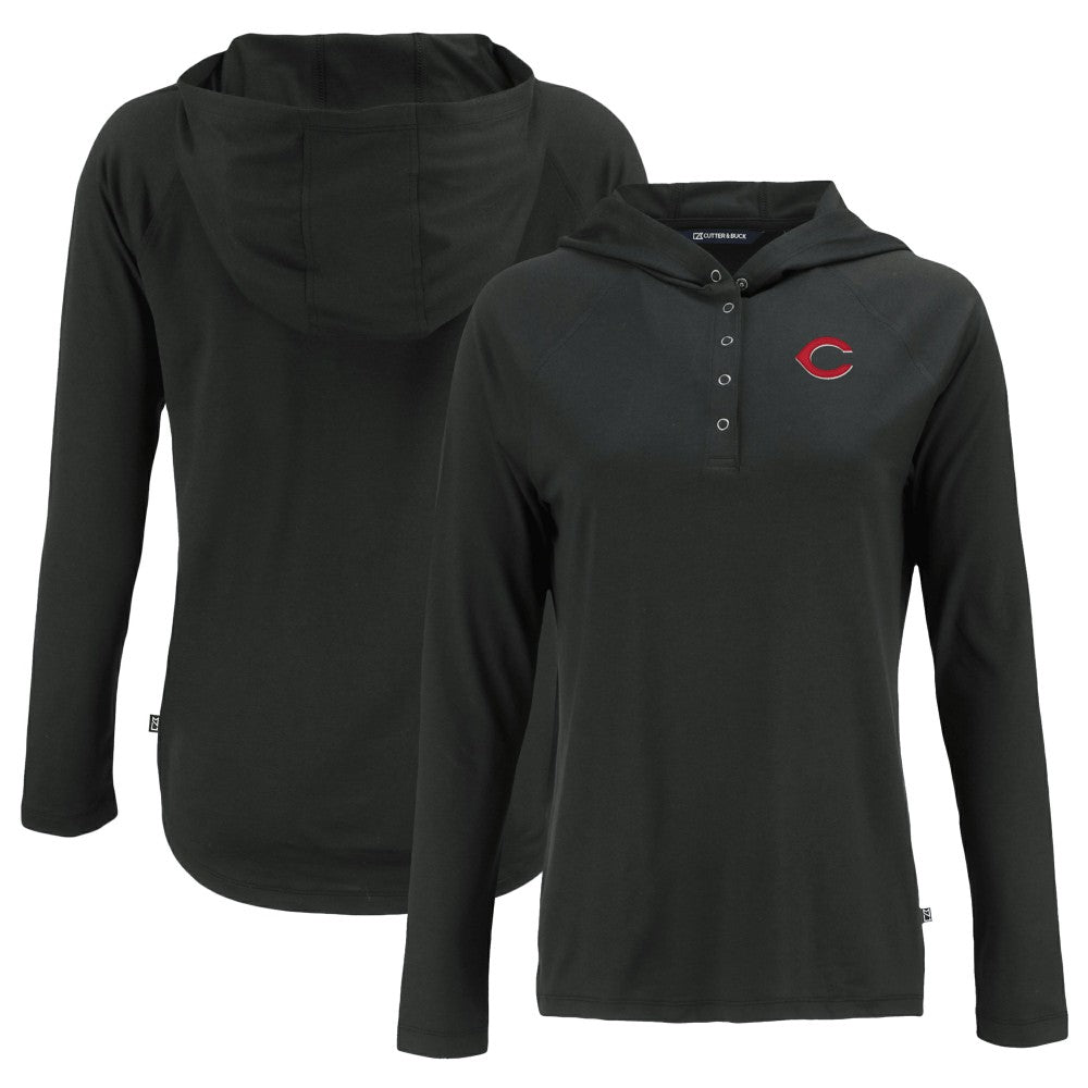 Black Cincinnati Reds Cutter & Buck Women's  Coastline Epic Comfort Eco Recycled Hoodie Raglan Long Sleeve T-Shirt