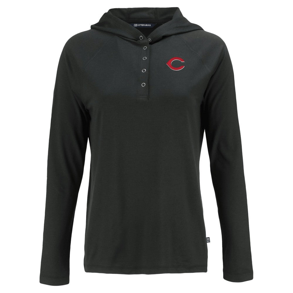 Black Cincinnati Reds Cutter & Buck Women's  Coastline Epic Comfort Eco Recycled Hoodie Raglan Long Sleeve T-Shirt