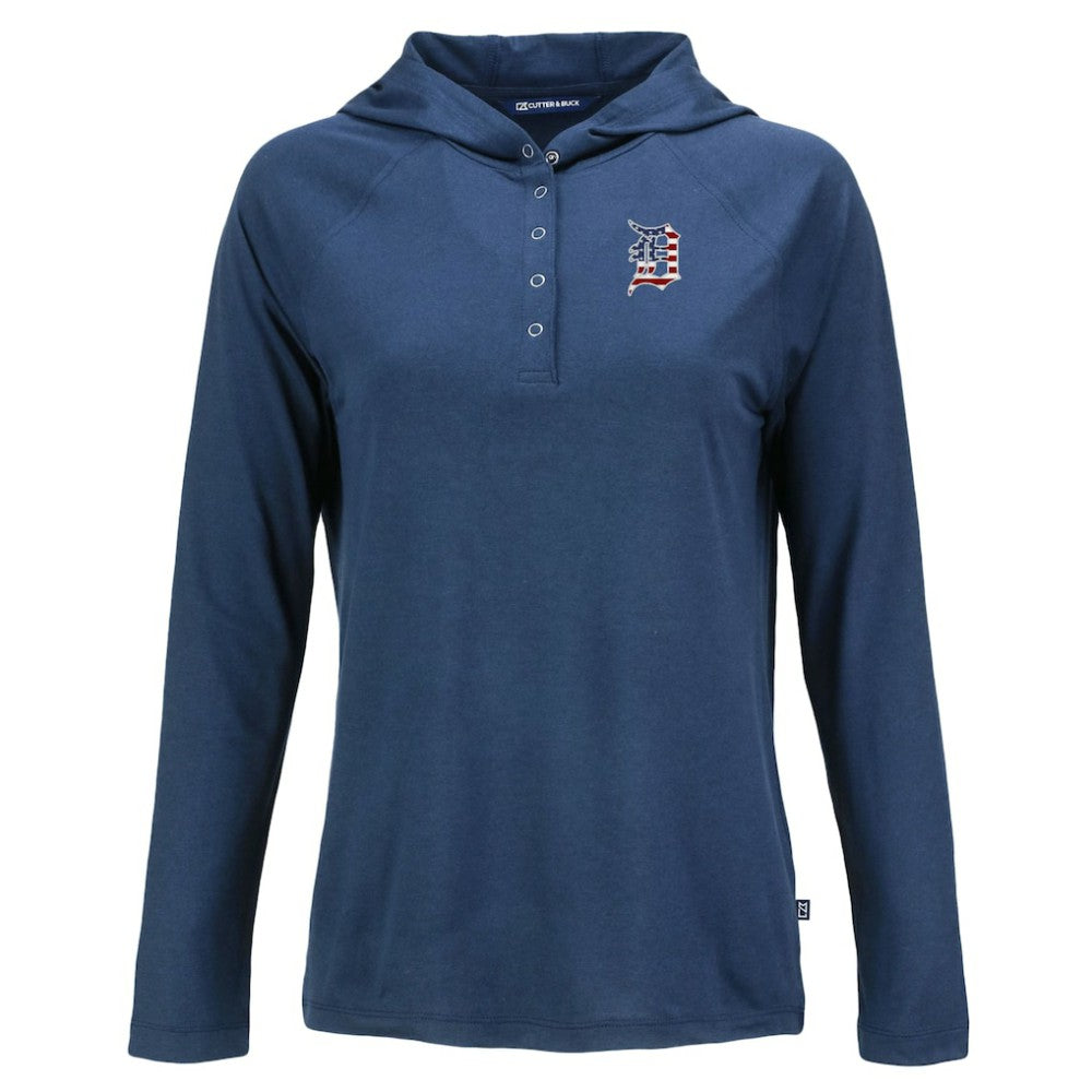 Navy Detroit Tigers Cutter & Buck Women's Stars And Stripes Coastline Epic Comfort Eco Recycled Hoodie Raglan Long Sleeve T-Shirt