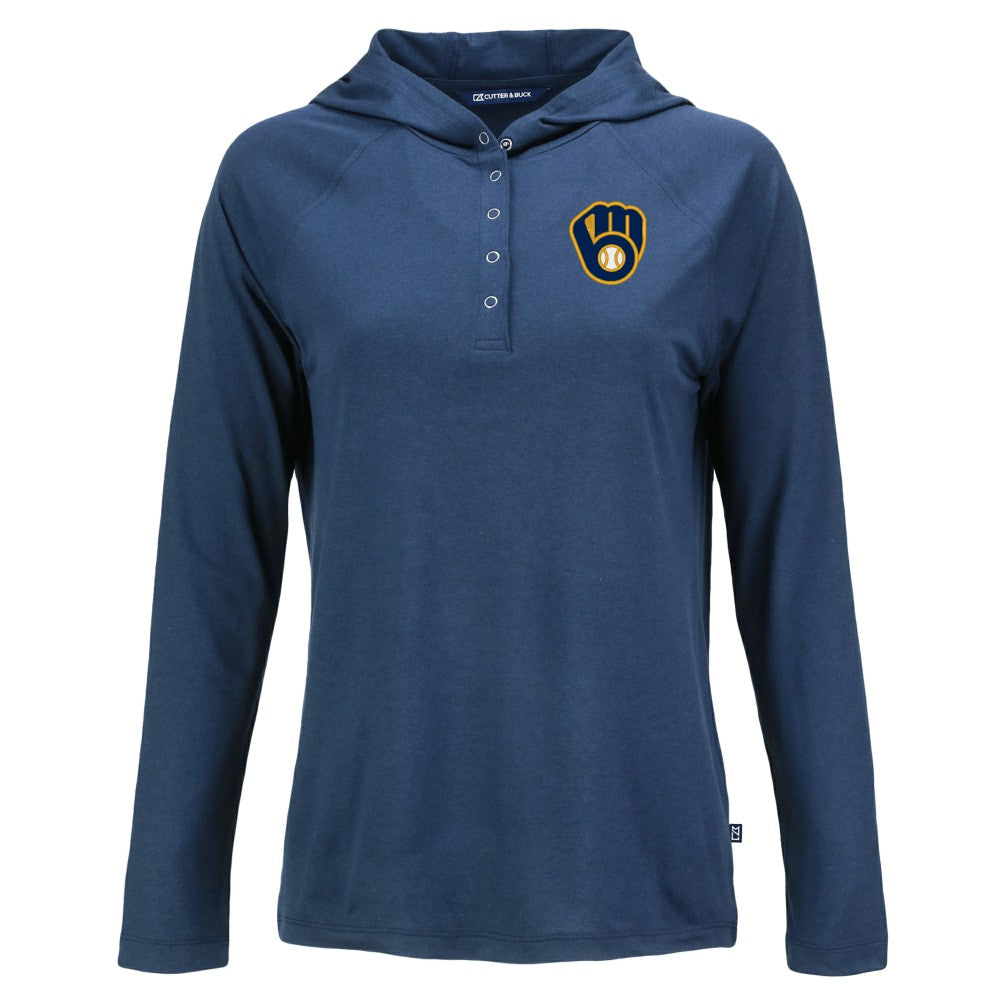 Navy Milwaukee Brewers Cutter & Buck Women's  Coastline Epic Comfort Eco Recycled Hoodie Raglan Long Sleeve T-Shirt