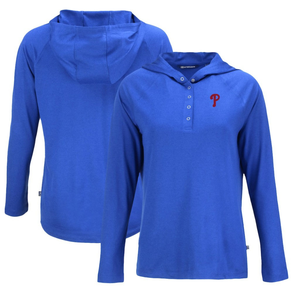 Royal Philadelphia Phillies Cutter & Buck Women's  Coastline Epic Comfort Eco Recycled Hoodie Raglan Long Sleeve T-Shirt