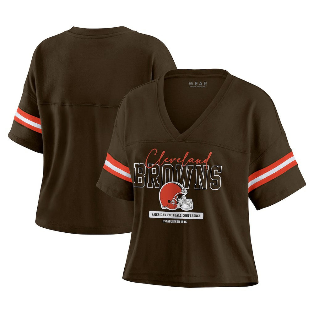 WEAR by Erin Andrews Women's Color Block Boxy Modest Crop V-Neck T-Shirt - Cleveland Browns T-shirts