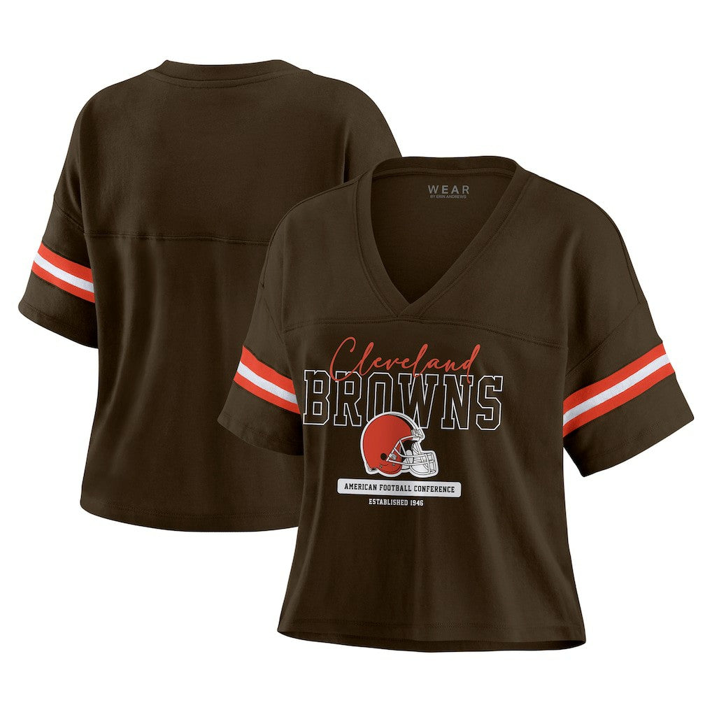 WEAR by Erin Andrews Women's Color Block Boxy Modest Crop V-Neck T-Shirt - Cleveland Browns T-shirts