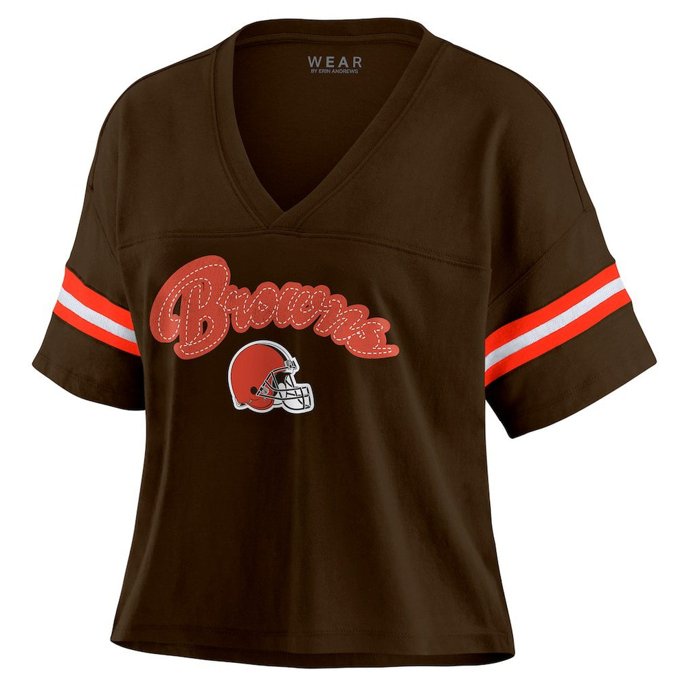 WEAR by Erin Andrews Women's Color Block Boxy Modest Crop V-Neck T-Shirt - Cleveland Browns T-shirts