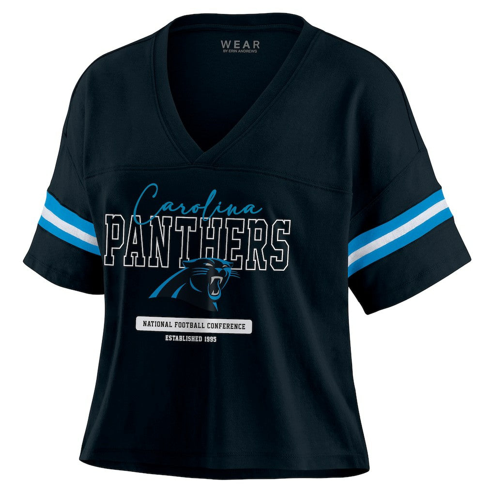 WEAR by Erin Andrews Women's Color Block Boxy Modest Crop V-Neck T-Shirt - Carolina Panthers T-shirts