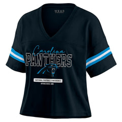 WEAR by Erin Andrews Women's Color Block Boxy Modest Crop V-Neck T-Shirt - Carolina Panthers T-shirts