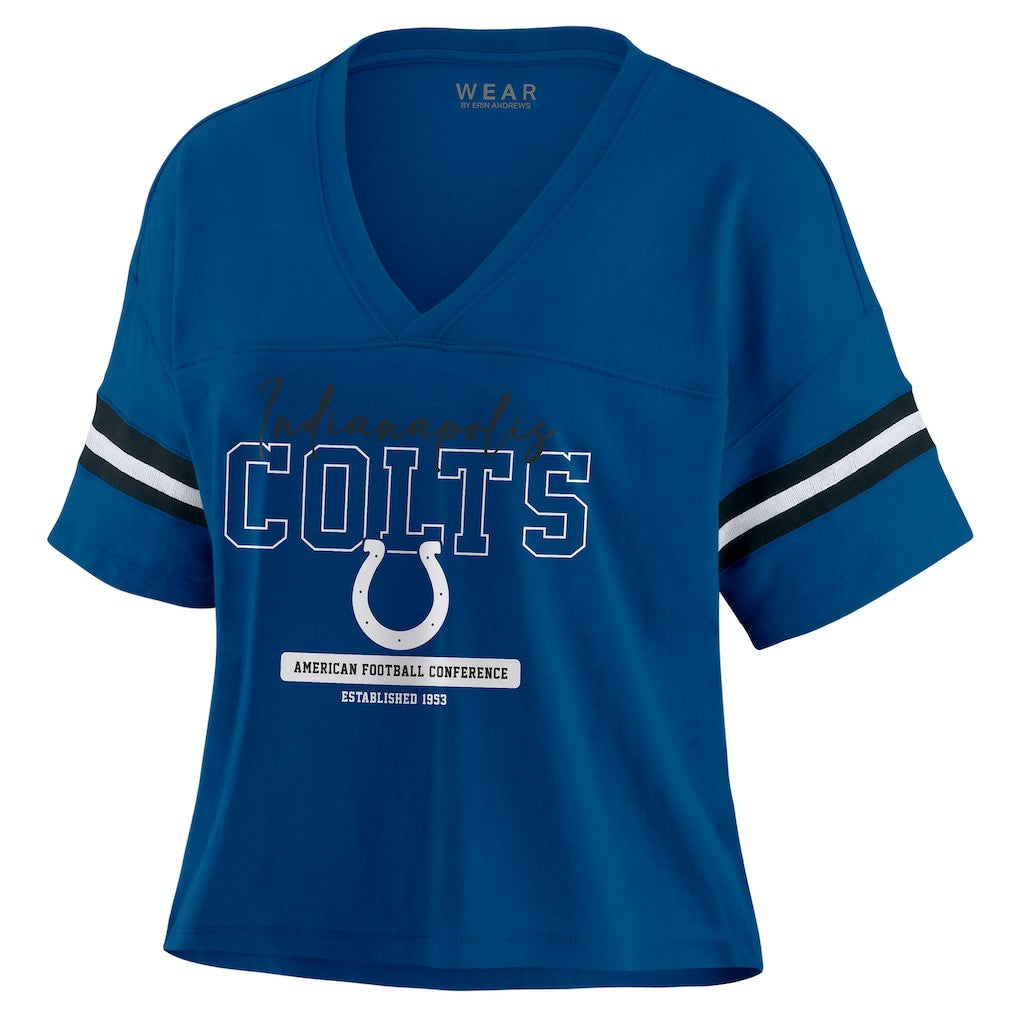WEAR by Erin Andrews Women's Color Block Boxy Modest Crop V-Neck T-Shirt - Indianapolis Colts T-shirts