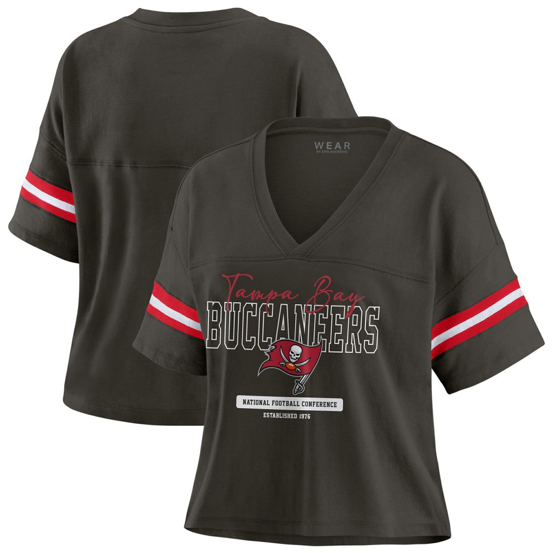 WEAR by Erin Andrews Women's Color Block Boxy Modest Crop V-Neck T-Shirt - Tampa Bay Buccaneers T-shirts