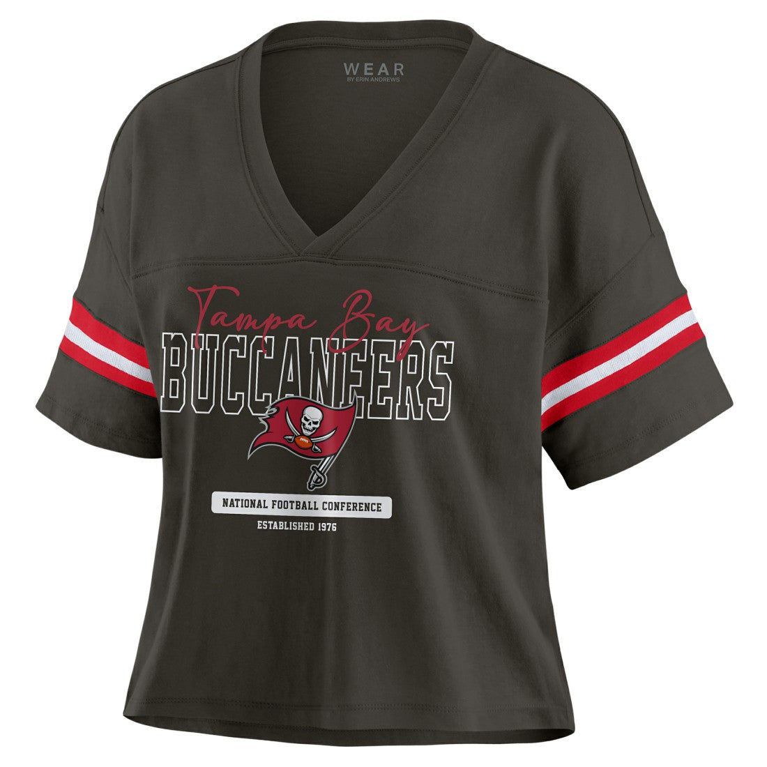 WEAR by Erin Andrews Women's Color Block Boxy Modest Crop V-Neck T-Shirt - Tampa Bay Buccaneers T-shirts