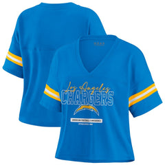 WEAR by Erin Andrews Women's Color Block Boxy Modest Crop V-Neck T-Shirt - Los Angeles Chargers T-shirts