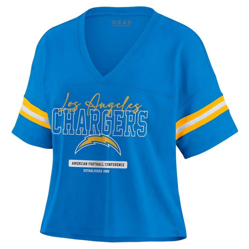WEAR by Erin Andrews Women's Color Block Boxy Modest Crop V-Neck T-Shirt - Los Angeles Chargers T-shirts