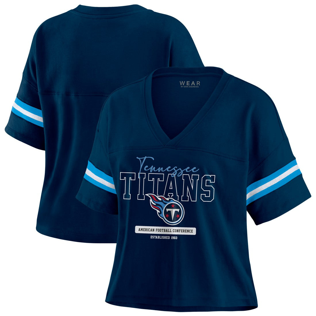 WEAR by Erin Andrews Women's Color Block Boxy Modest Crop V-Neck T-Shirt - Tennessee Titans T-shirts