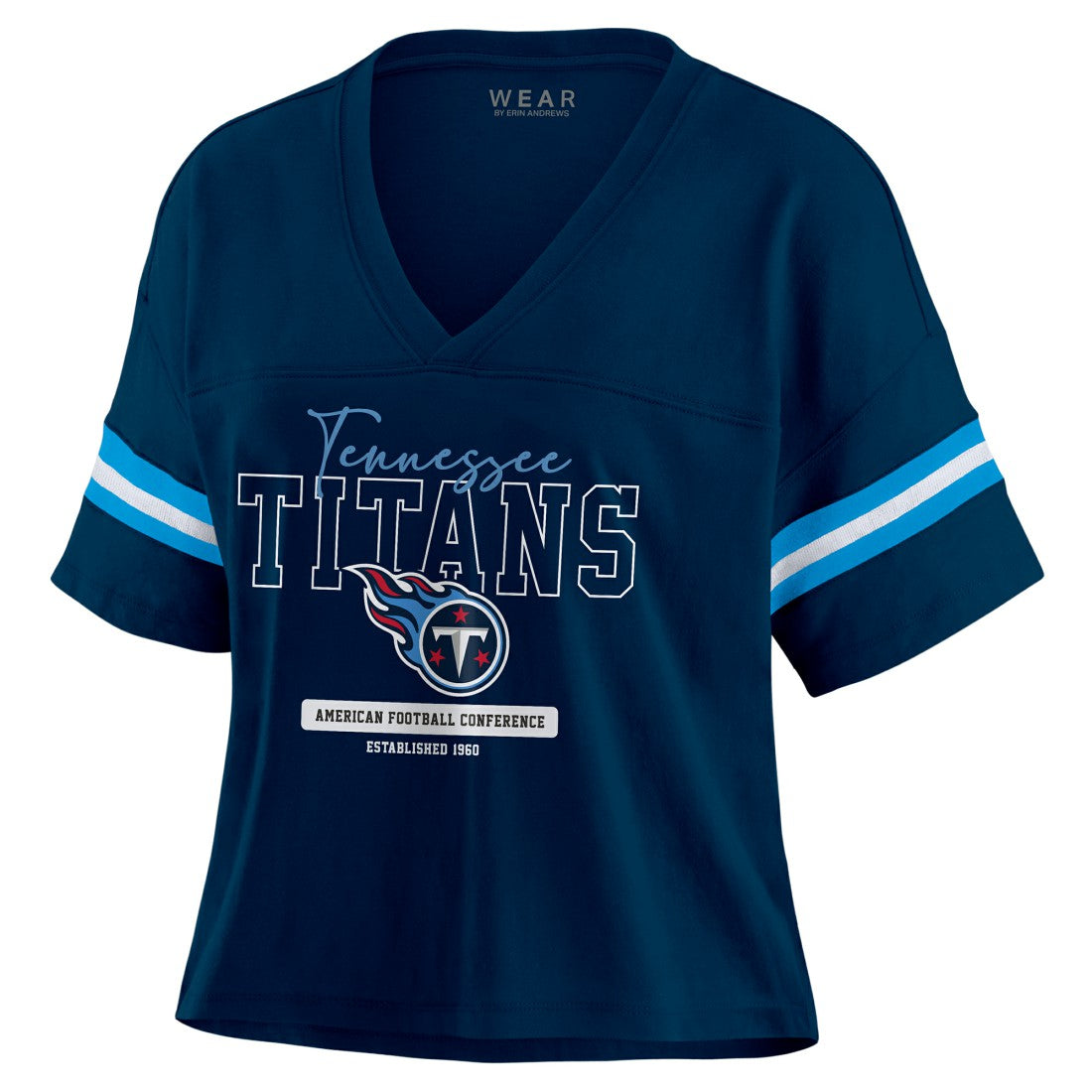 WEAR by Erin Andrews Women's Color Block Boxy Modest Crop V-Neck T-Shirt - Tennessee Titans T-shirts