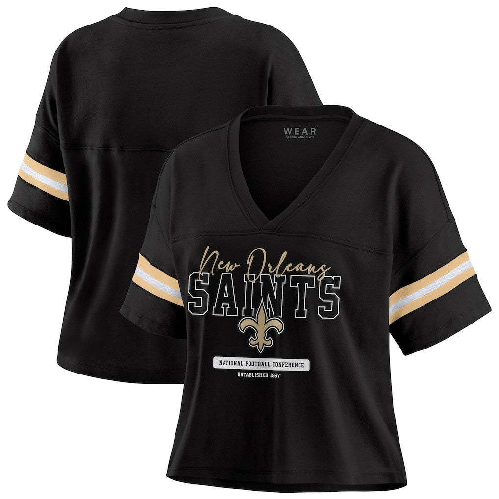 WEAR by Erin Andrews Women's Color Block Boxy Modest Crop V-Neck T-Shirt - New Orleans Saints T-shirts